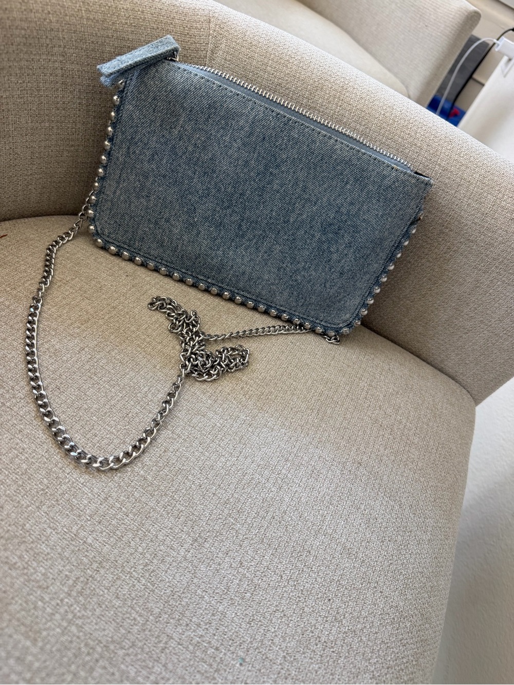 Zara Light Blue Denim Clutch with Silver Chain Wallet Bag - Picture 6 of 8